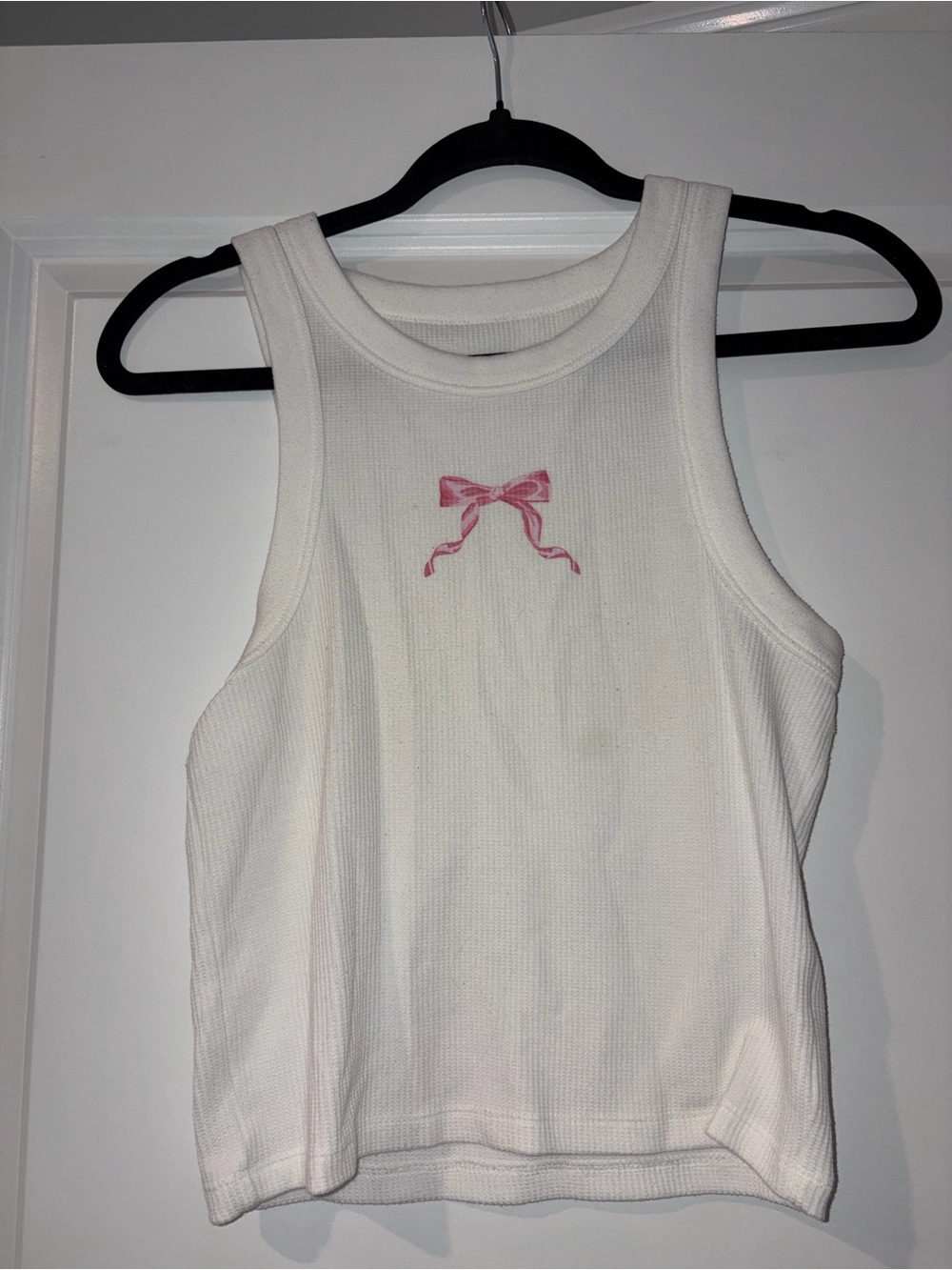 White Ribbed Tank Top with Pink Bow Detail -